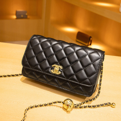 品牌轻奢真皮女士女发财包小香风菱格链条包斜挎包单肩腋下女包