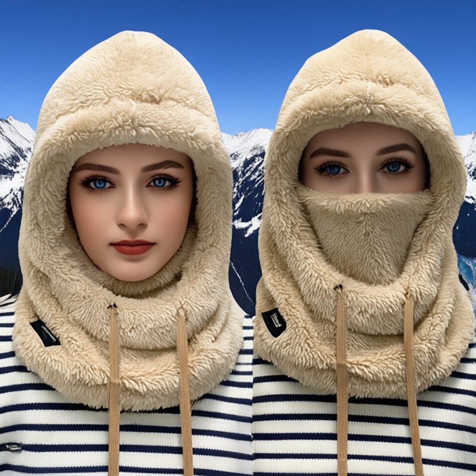 围脖口罩一体帽子女冬季滑雪加绒加厚套头帽护耳防风棉帽骑车保暖