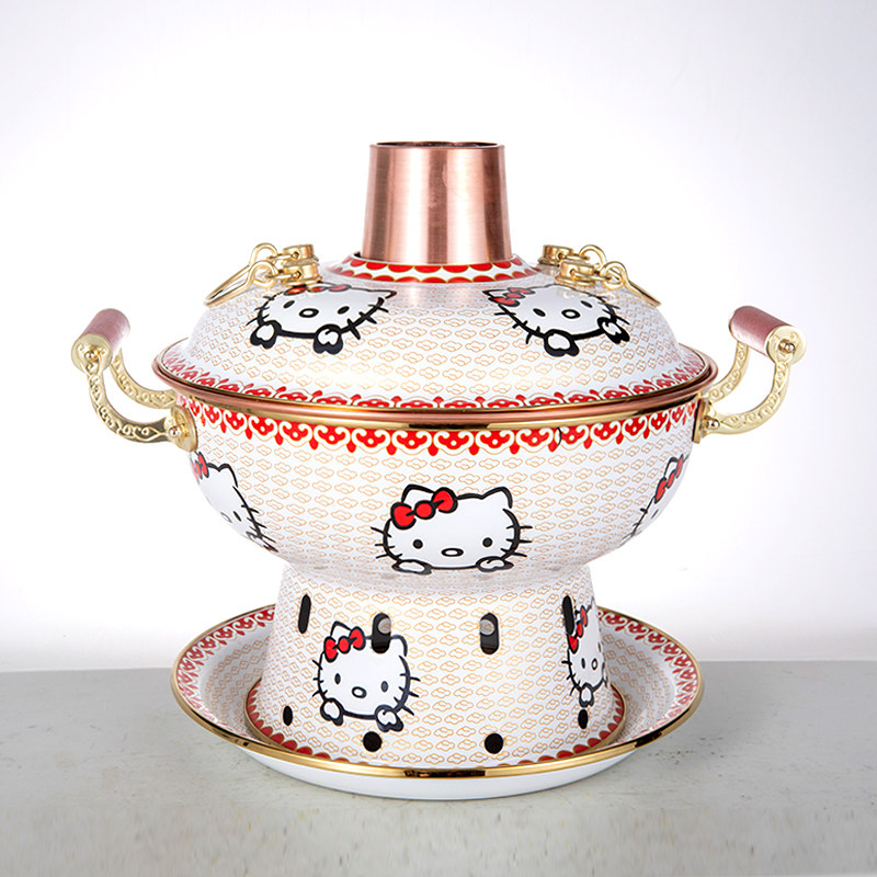 网红HelloKitty珐琅彩环保油铜火锅景泰蓝单人酒精锅商用家用