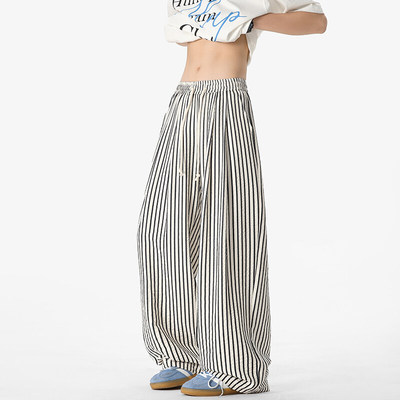 美式宽松bf慵懒风条纹阔腿裤男春
