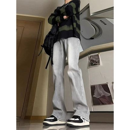 水泥烟灰色牛仔裤男秋冬加绒美式复古vibe烟管裤子修身直筒微喇裤