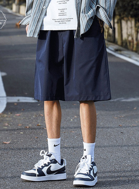 日系cityboy藏蓝色短裤男夏季潮牌美式复古宽松过膝五分工装裤子