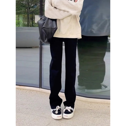 美式vibe风裤子男款春秋季加绒黑色弹力牛仔裤修身直筒窄版微喇裤