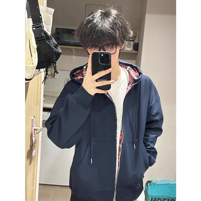 藏青色连帽开衫卫衣男秋冬款