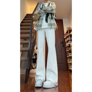 纯白色弯刀牛仔裤男款秋冬加绒高个子加长版裤子直筒不贴腿微喇裤