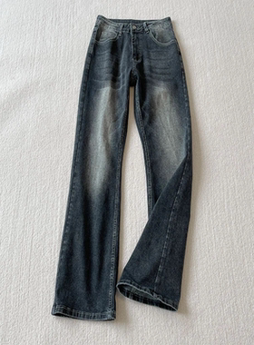 cleanfit黑色高腰竹节纹黑色微喇牛仔裤男美式弹力修身直筒裤子春