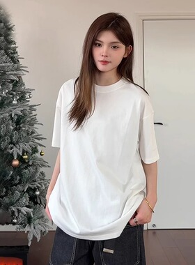 Ahcn重磅白色小领口t恤男款夏季美式正肩情侣短袖宽松慵懒风半袖