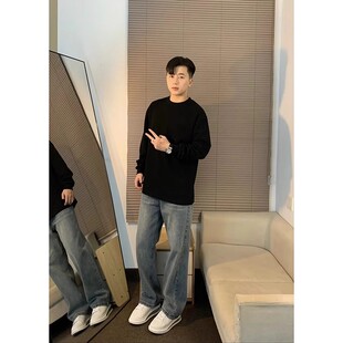 黑色重磅德绒t恤男秋冬穿搭高级感圆领卫衣成熟稳重内搭打底上衣