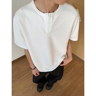 白色亨利领短袖t恤男款夏季重磅华夫格亨利衫cleanfit小领口半袖