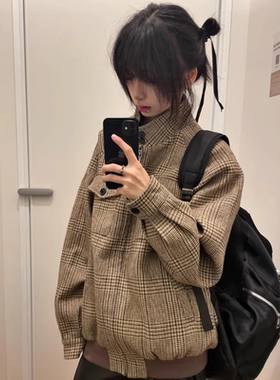 Oclin威尔士亲王千鸟格夹克男美式复古潮牌高级感情侣立领外套春