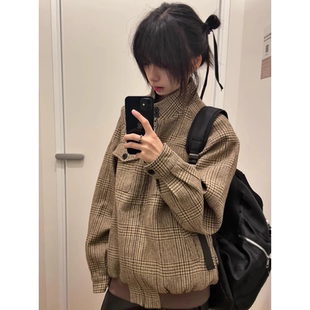 Oclin威尔士亲王千鸟格夹克男美式复古潮牌高级感情侣立领外套春