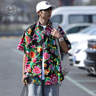 东北大花短袖衬衫男民族风国潮印花衬衣夏季oversize新疆旅游穿搭