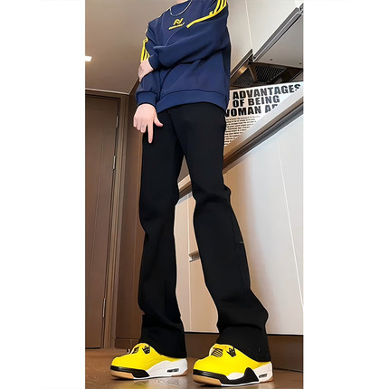 黑色微喇加绒软牛仔裤男款秋冬高个子修身显瘦裤子美式高街直筒裤