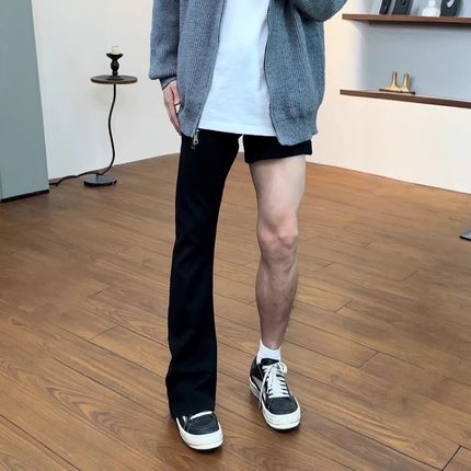黑色弹力弯刀牛仔裤男款冬季加绒美式高街vibe裤子直筒修身微喇裤