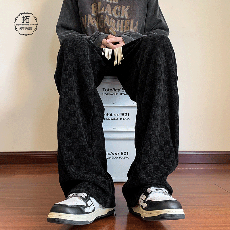 棋盘格卫裤男秋冬加绒加厚oversize潮牌休闲裤子垂感阔腿直筒长裤,男装,卫裤,淘宝优惠券,粉丝福利购,淘宝优惠卷