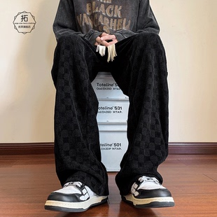 子垂感阔腿直筒长裤 棋盘格卫裤 男秋冬加绒加厚oversize潮牌休闲裤