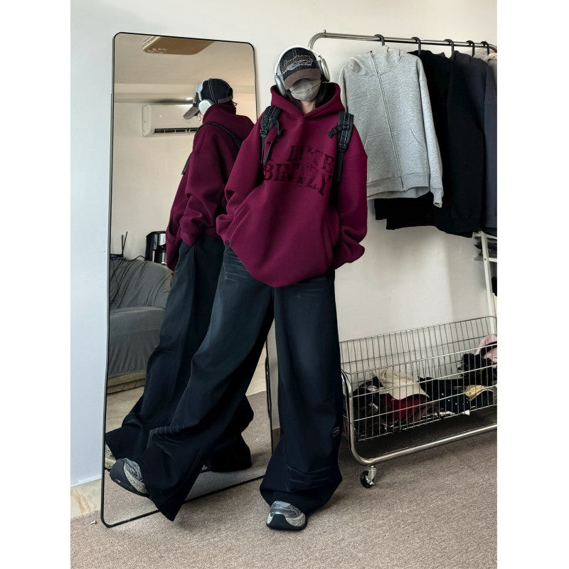 美式复古酒红色连帽卫衣男春秋季480克重磅双面德绒情侣装外套潮