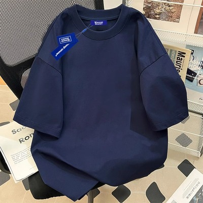 藏青色高克重磅纯棉t恤男款夏季