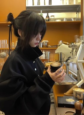 半开衫黑色重磅polo卫衣女款秋冬正肩长袖plol衫美式慵懒chic外套