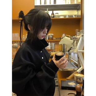 美式 半开衫 plol衫 黑色重磅polo卫衣女款 慵懒chic外套 秋冬正肩长袖