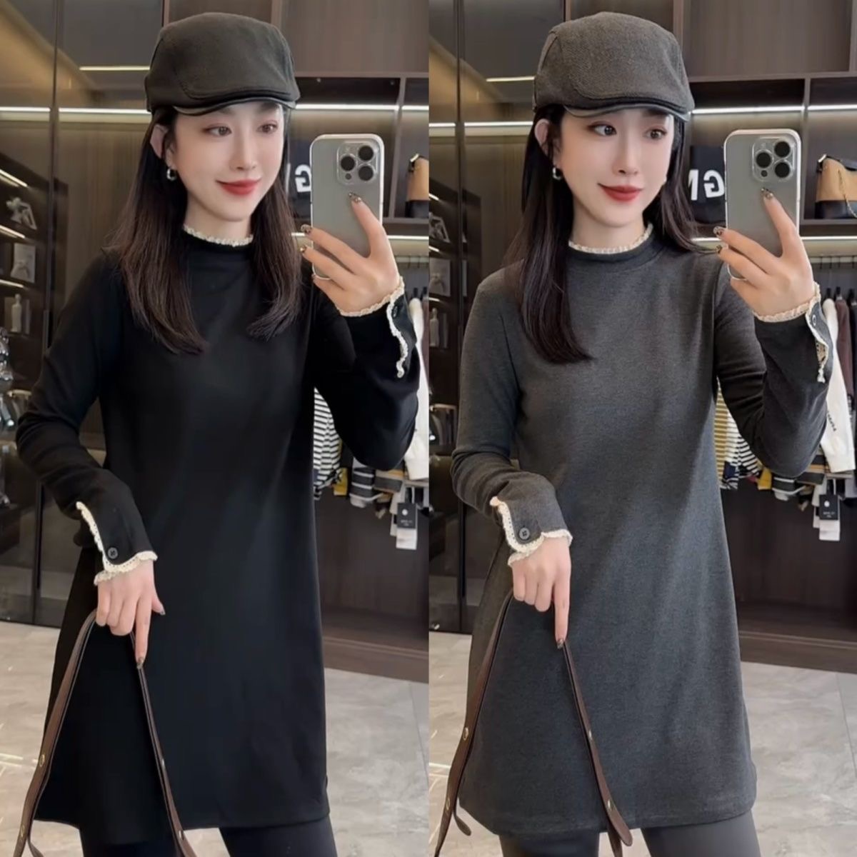 2025秋冬新款时尚长袖假两件设计感宽松T恤女叠穿两件套加绒长衫