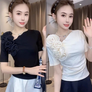 t恤女修身 2025夏季 立体花朵正肩短袖 新款 显瘦别致独特ins上衣 法式