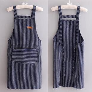透气帆布围裙袖套做饭厨房上班工作服围腰男士加肥蓝白条纹围兜兜