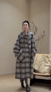 2026新款秋冬格纹廓形感双面羊毛大衣中长款显瘦羊毛呢子外套女装