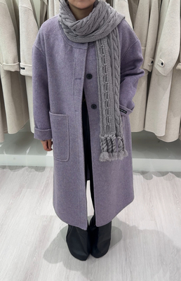 韩系气质围巾羊毛外套女2025冬季新款紫色显瘦双面羊毛大衣中长款