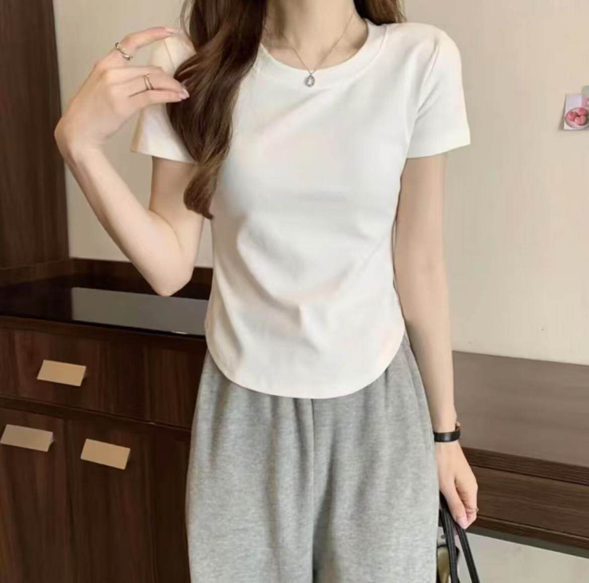 正肩短袖T恤女白色圆领宽松百搭显瘦小个子穿搭上衣