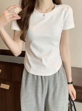 正肩短袖T恤女白色圆领宽松百搭显瘦小个子穿搭上衣