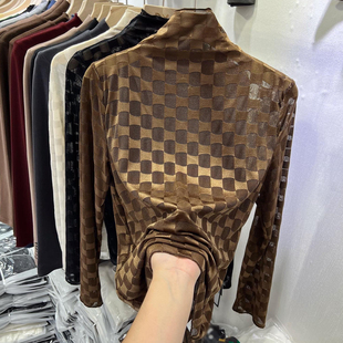 内搭打底衫 长袖 剪镖外贸折扣欧货半高领格子网纱微透修身 捡漏特价