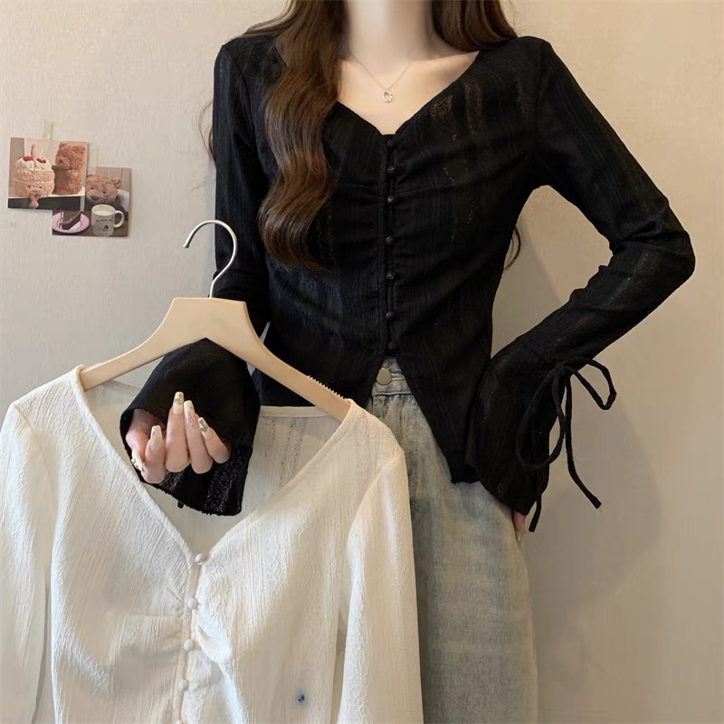 法式v领薄款设计感短款长袖衬衫