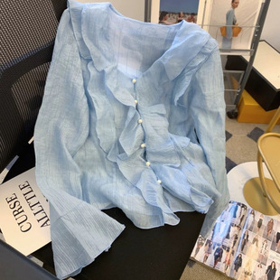 折扣店特价女装尾货剪标小众设计感喇叭袖V领荷叶边防晒雪纺开衫
