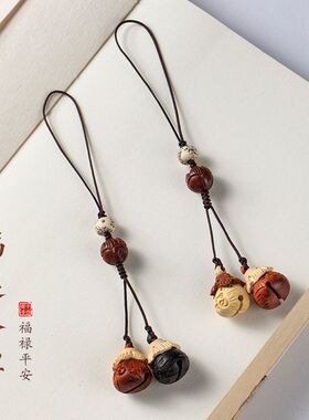 紫檀木鱼铃铛手机链挂件链黄杨木