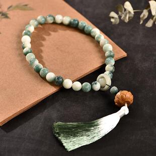 半山半水白玉菩提绿檀木莲花香囊双圈手持六字真言菩提根手串12mm