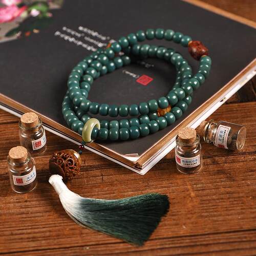 原创设计diy绿檀香囊绿菩提根手链菩提手串高密108佛珠盘玩项链女