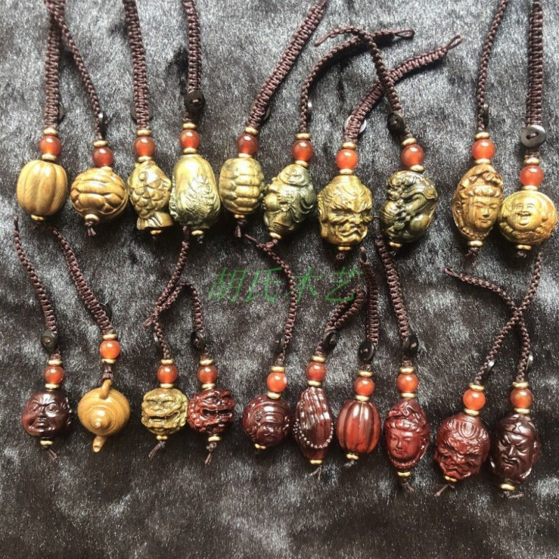 原创设计绿檀紫檀实木雕刻檀木钥匙扣挂件手机包包吊坠弥勒观音头