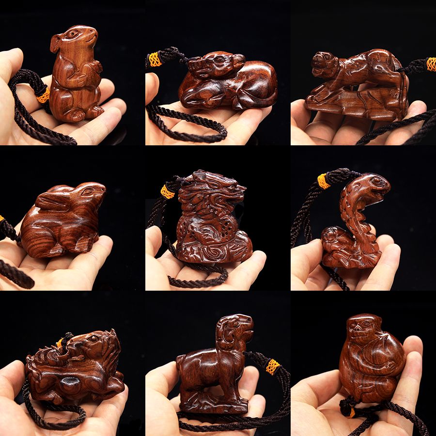 手工精雕老挝黄花梨原木雕手把件 红木12生肖 实木根雕把玩小件