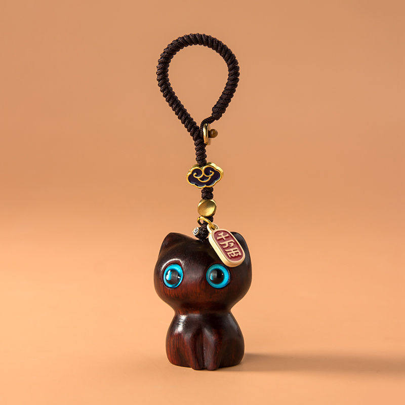 纳福小猫檀木钥匙扣挂件创意手工