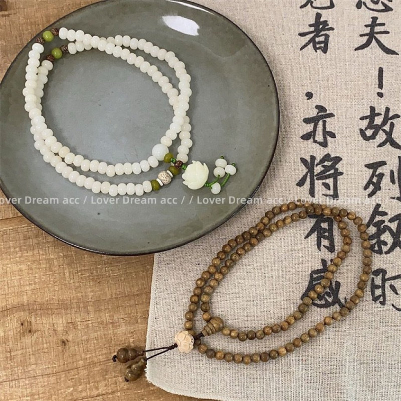 新中式国潮白玉菩提绿檀木串珠项链古风毛衣链多圈手链感项饰