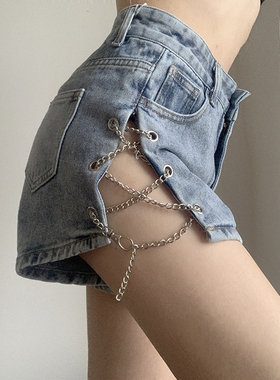 LA-7912-037网红牛仔短裤超火欧美辣妹高腰显瘦开叉阔腿a字裤热裤