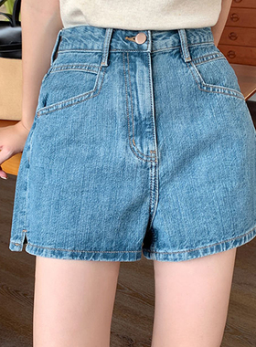 LA-7152-034开叉牛仔短裤女夏微胖梨形身材a字高腰直筒显瘦阔腿裤