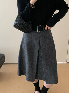 LA-58003 -035复古毛呢半身裙女秋冬新款高腰显瘦a字裙开叉中裙