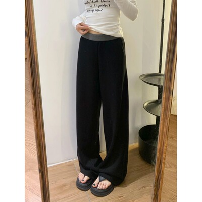 LA-66263-036 黑色拼接休闲运动裤女大码秋款宽松显瘦阔腿拖地裤