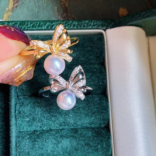 DIY珍珠配件 S925纯银M家热巴同款蝴蝶结戒指开口戒圈饰品空托女