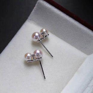 DIY配件 S925纯银秀气双珠款珍珠耳钉空托手工镶嵌耳托配4-5圆珠
