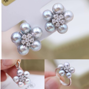DIY珍珠配件 S925纯银小花吊坠耳钉戒指三件套装 手饰耳饰空托女