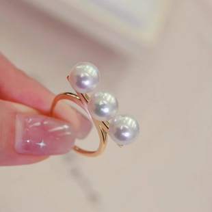 指环戒托指圈7 DIY珍珠配件 戒指空托 三珠款 8mm圆 S925纯银时尚