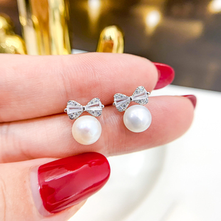 DIY配件 8mm圆 S925纯银精致蝴蝶结耳钉空托珍珠玉石耳坠半成品7